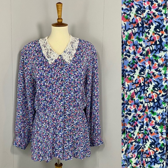 Vintage 80’s Blue Multi-Print Pleated Peplum Button-Up Blouse with Lace Collar - Picture 1 of 13